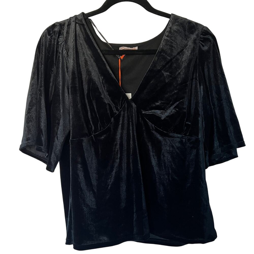 Knox Rose Women's Black Elbow Sleeve V-Neck Velvet Blouse - Size Large - NWT